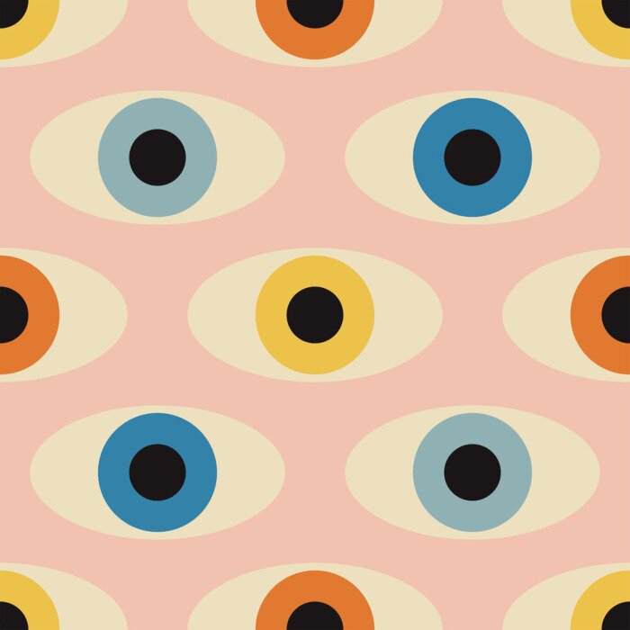 Behang Seamless pattern with minimal 20s geometric design with eyes, vector template with primitive shapes elements