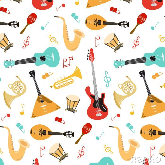 Behang Seamless pattern with musical instruments on the white background.