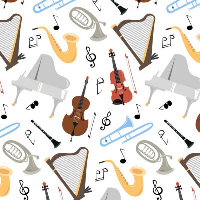 Behang Seamless pattern with musical instruments on the white background.