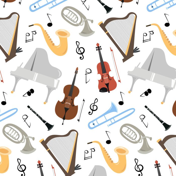 Behang Seamless pattern with musical instruments on the white background.