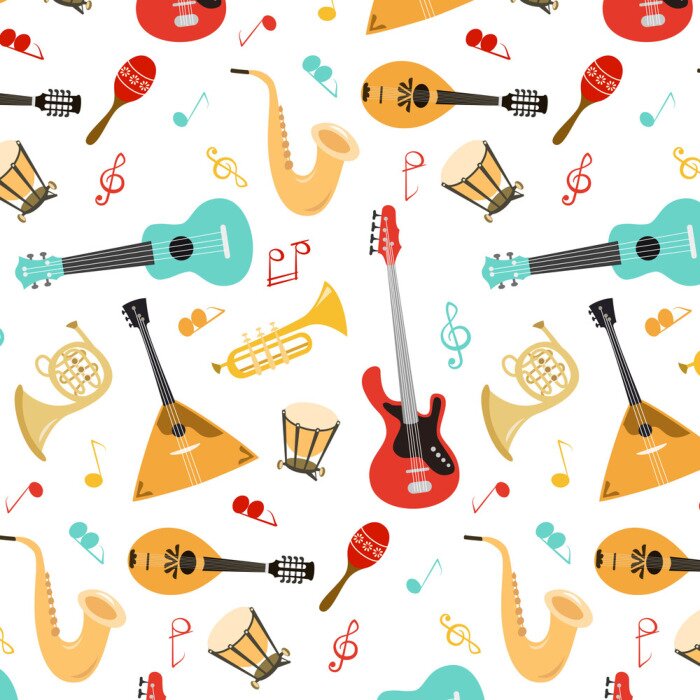 Behang Seamless pattern with musical instruments on the white background.