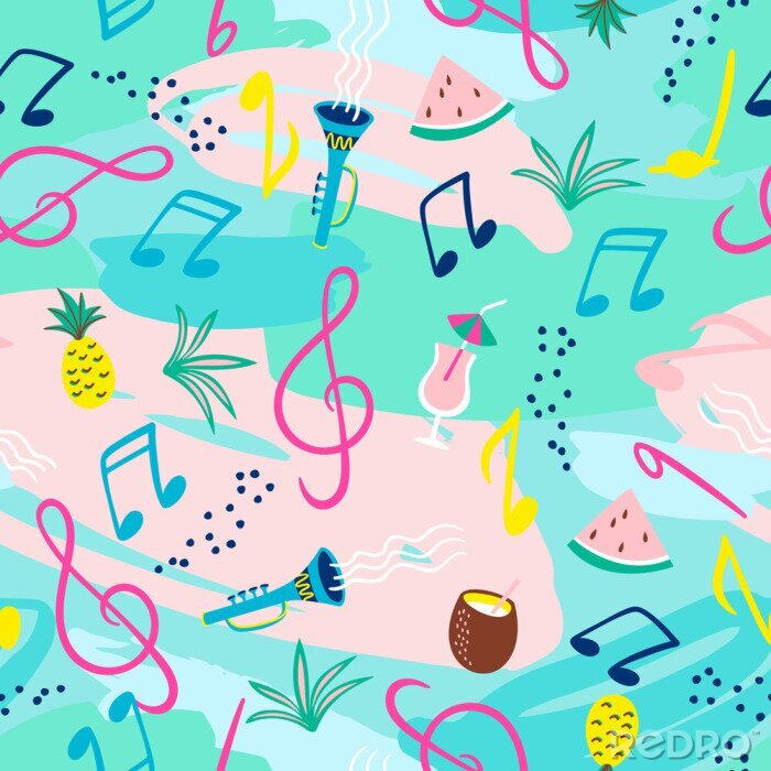 Behang Seamless pattern with musical notes, instruments and summer symbols. Vector