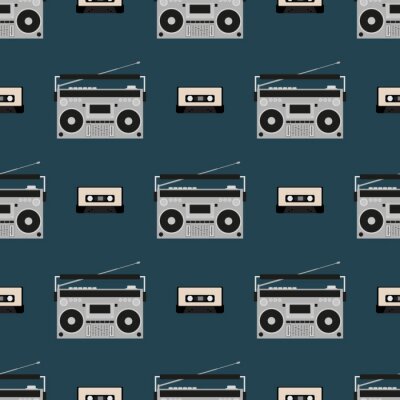 Behang Seamless pattern with old boomboxes and tape cassettes. Vintage music print. Retro vector illustration.