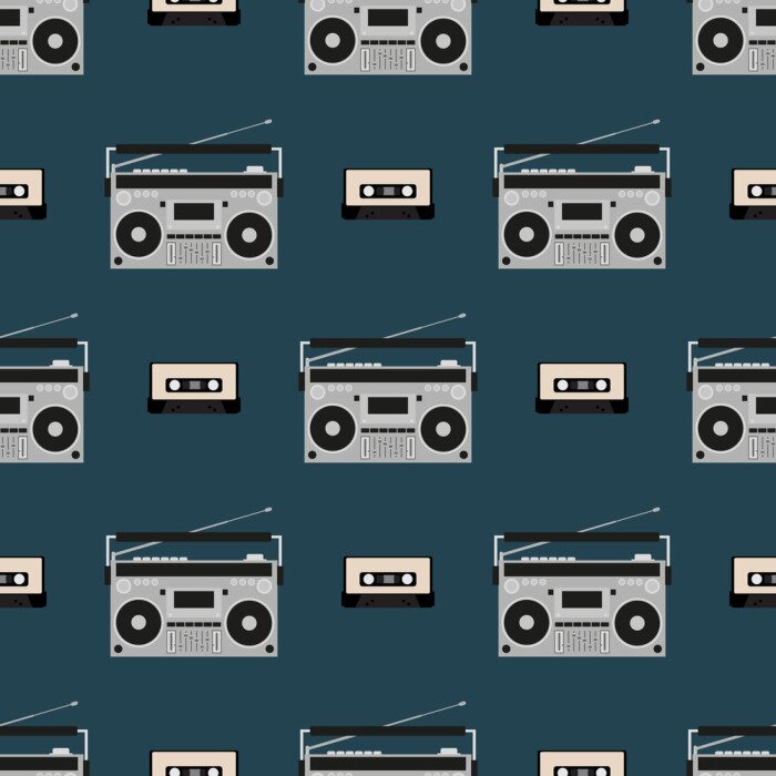 Behang Seamless pattern with old boomboxes and tape cassettes. Vintage music print. Retro vector illustration.