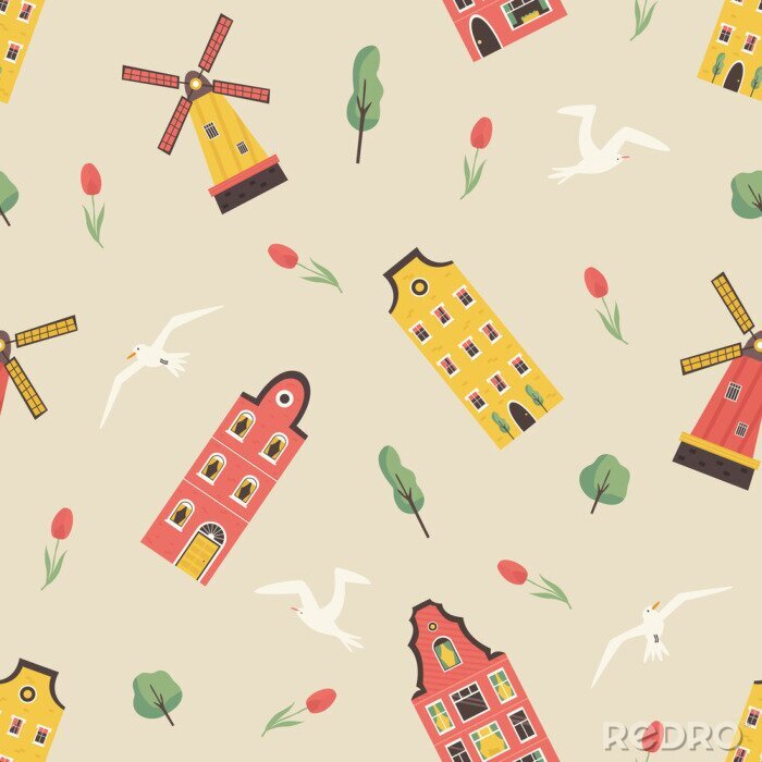 Behang Seamless pattern with old dutch buildings windmill