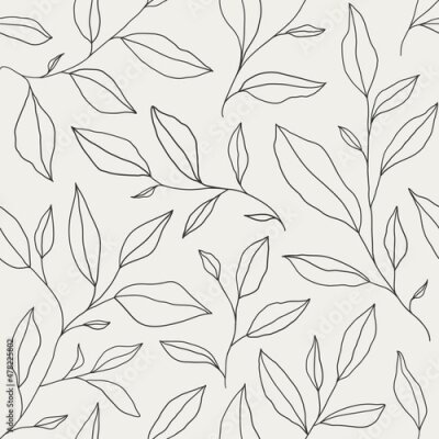 Behang Seamless pattern with one line leaves. Vector floral background in trendy minimalistic linear style.