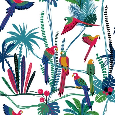 Behang Seamless pattern With Parrots In The Jungle.
