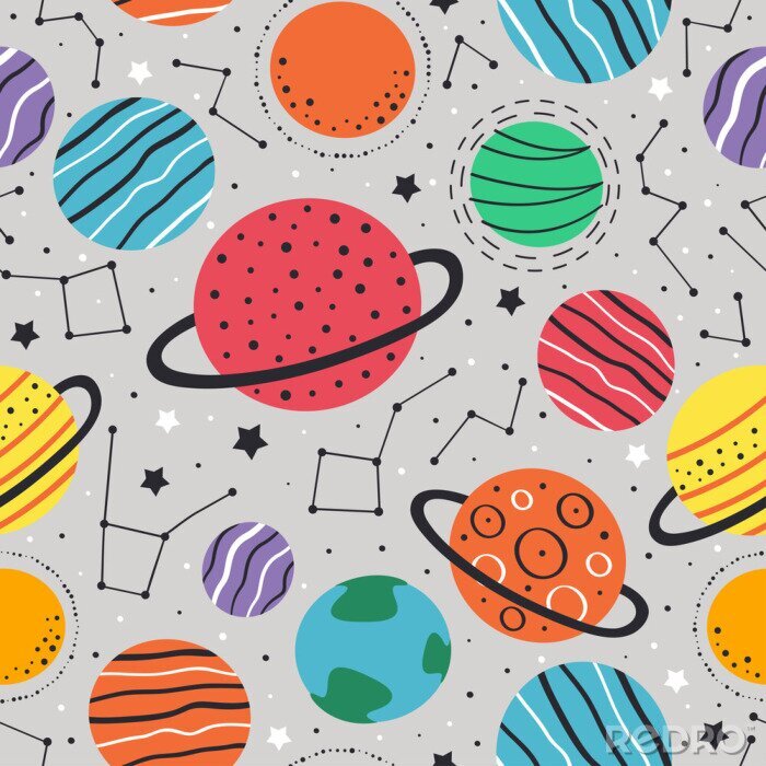 Behang seamless pattern with planets and stars on gray background  - vector illustration, eps    