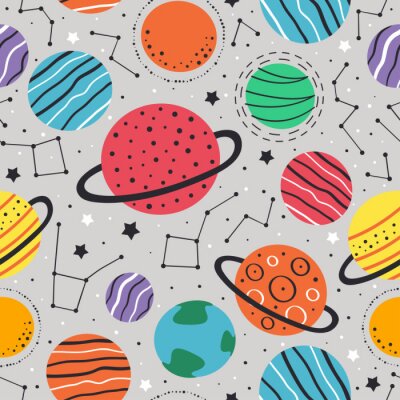 Behang seamless pattern with planets and stars on gray background  - vector illustration, eps    