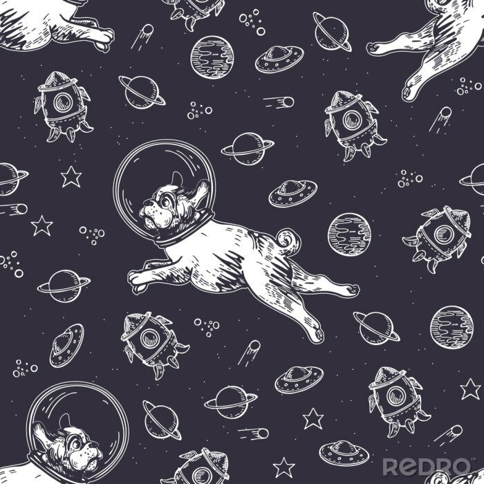 Behang Seamless pattern with pugs, planets and rockets. Dog astronaut flies in space.