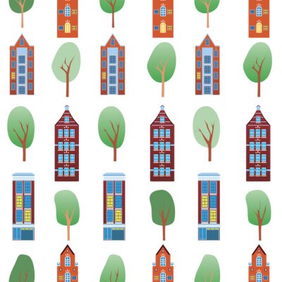 Behang Seamless pattern with retro amsterdam houses and green trees as texture or background, flat vector stock illustration with europe as endless pattern isolated on white background