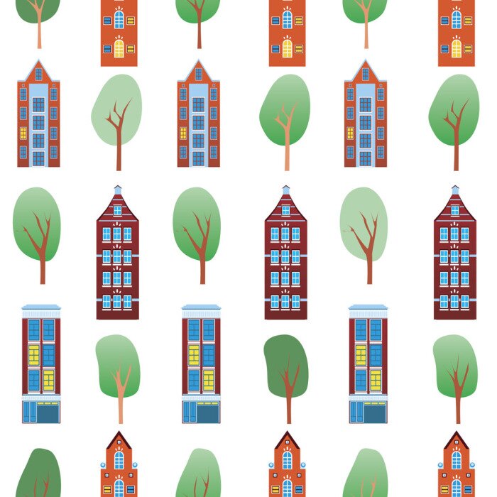 Behang Seamless pattern with retro amsterdam houses and green trees as texture or background, flat vector stock illustration with europe as endless pattern isolated on white background