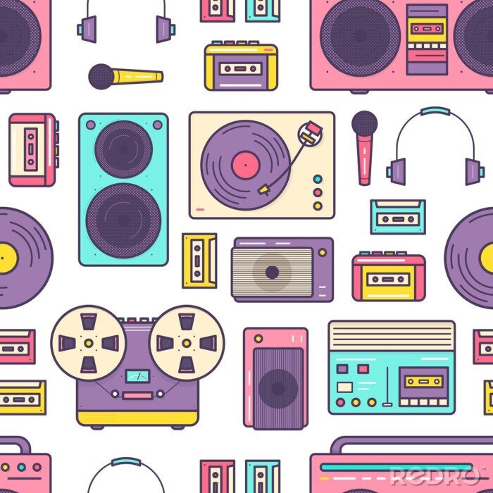Behang Seamless pattern with retro analog music player, reel-to-reel and cassette recorder, turntable, headphones, microphone, speaker on white background. Colored vector illustration for fabric print.