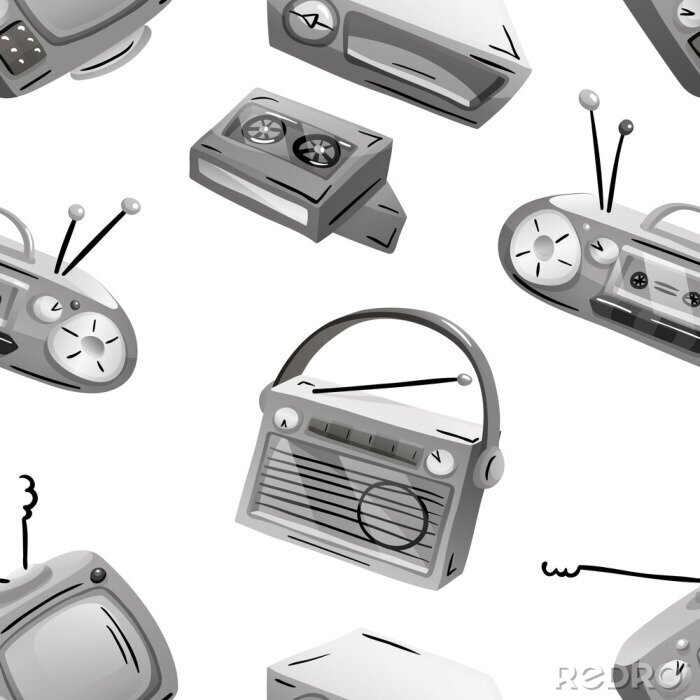 Behang Seamless pattern with retro devices in grayscale