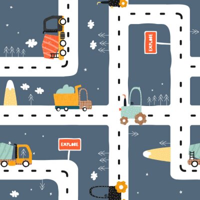 Seamless pattern with road? truck and tractor. Cool kids print for carpet or nursery textile. Vector hand drawn illustration.