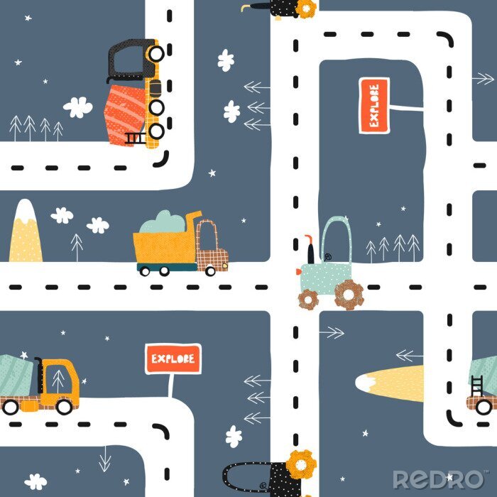 Behang Seamless pattern with road? truck and tractor. Cool kids print for carpet or nursery textile. Vector hand drawn illustration.