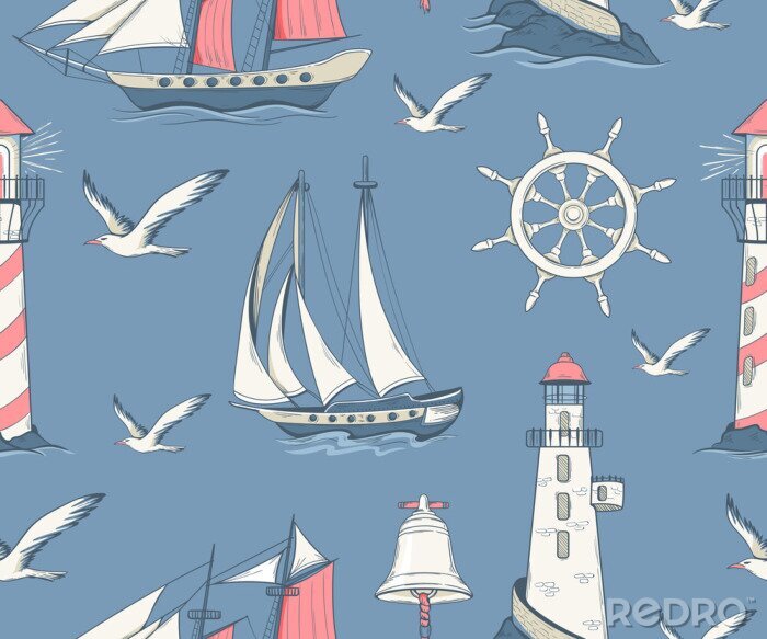 Behang Seamless pattern with sailing yachts and nautical equipment