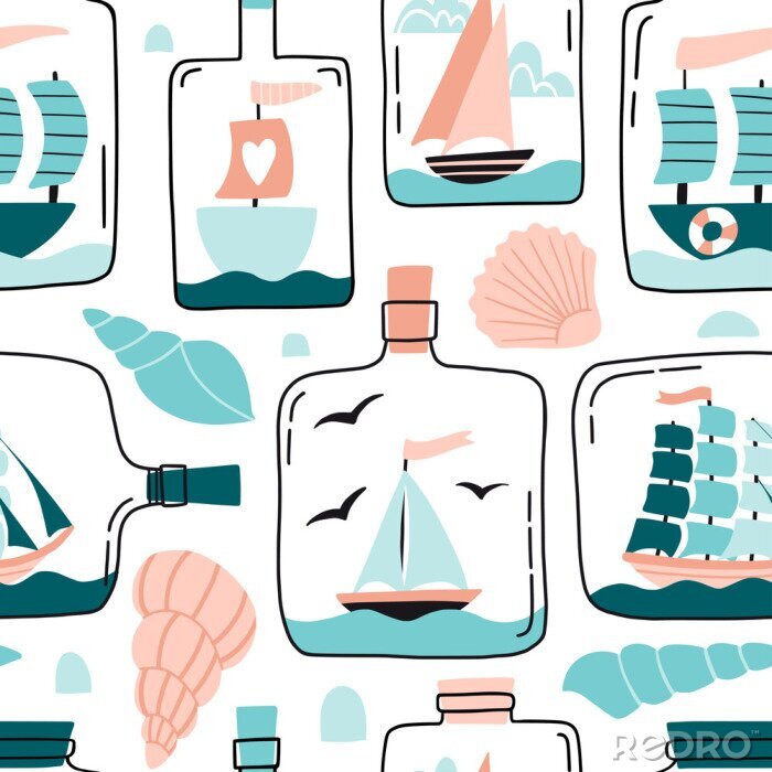 Behang Seamless pattern with ships, sail boats in miniature in glass bottle