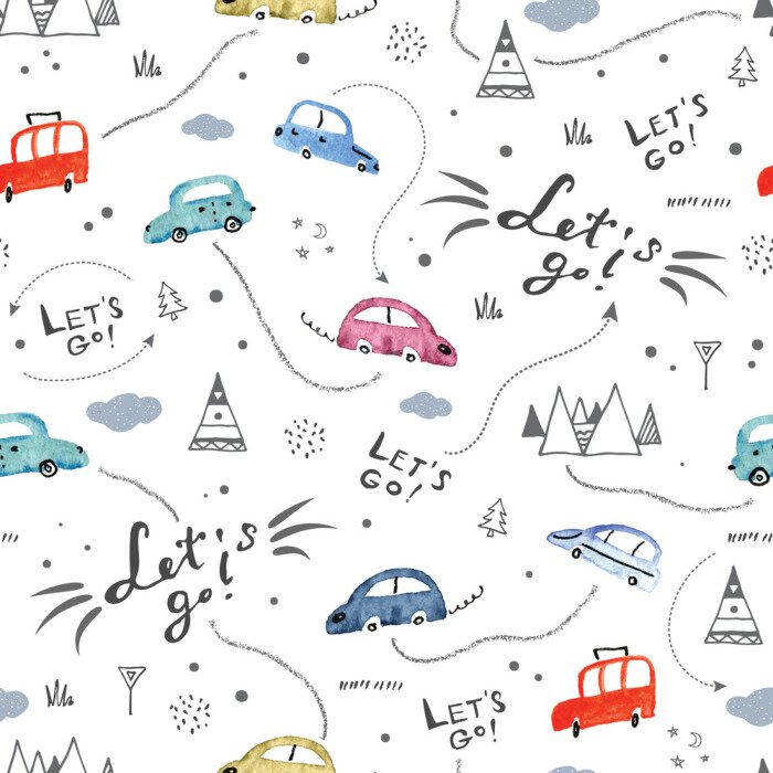 Behang Seamless pattern with small cars and road signs on white background