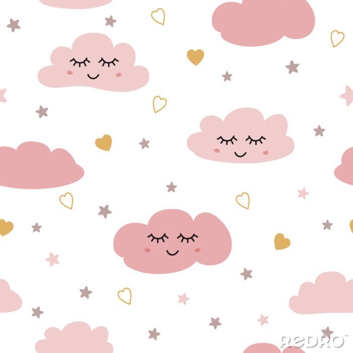 Behang Seamless pattern with smiling sleeping clouds stars Pink baby girl pattern Vector