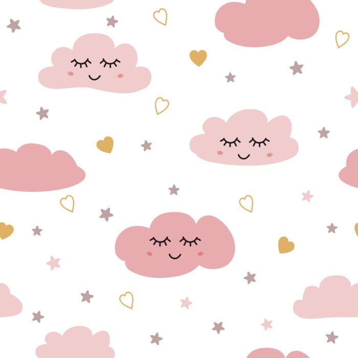 Behang Seamless pattern with smiling sleeping clouds stars Pink baby girl pattern Vector