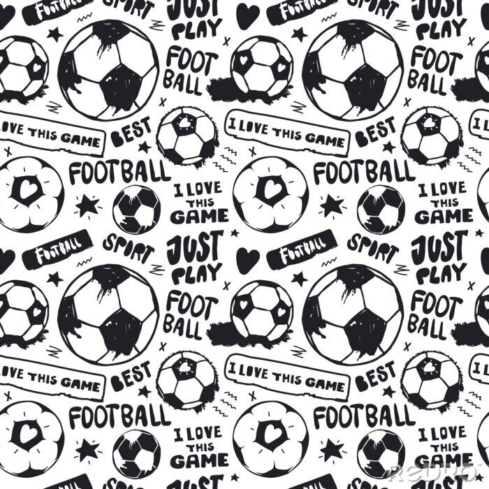 Behang Seamless pattern with soccer balls and text for textile. Hand drawing, short hand-written phrases: just play, i love this game. Sports background.