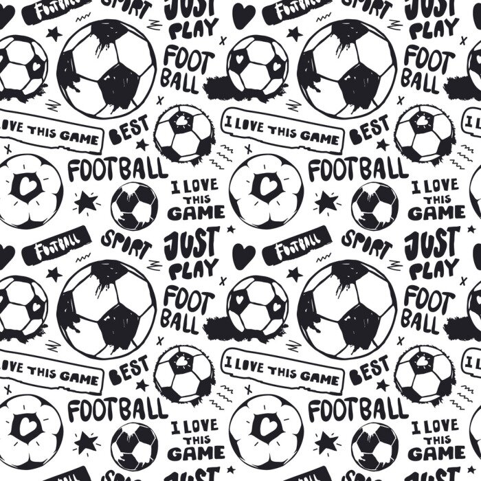 Behang Seamless pattern with soccer balls and text for textile. Hand drawing, short hand-written phrases: just play, i love this game. Sports background.