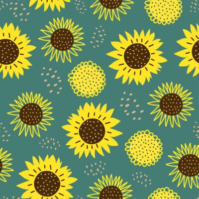 Behang Seamless pattern with sun flowers. Cute hand drawn cartoon childish drawing style. Colorful background with ink texture vector illustration, good for fashion textile print.
