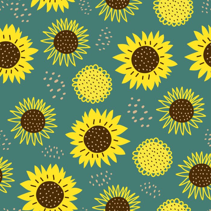 Behang Seamless pattern with sun flowers. Cute hand drawn cartoon childish drawing style. Colorful background with ink texture vector illustration, good for fashion textile print.