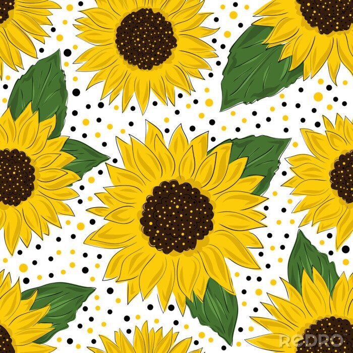 Behang Seamless pattern with sunflowers on white background. Collection decorative floral design elements. Flowers, buds and leaf. Vintage hand drawn vector illustration in sketch and cartoon style.