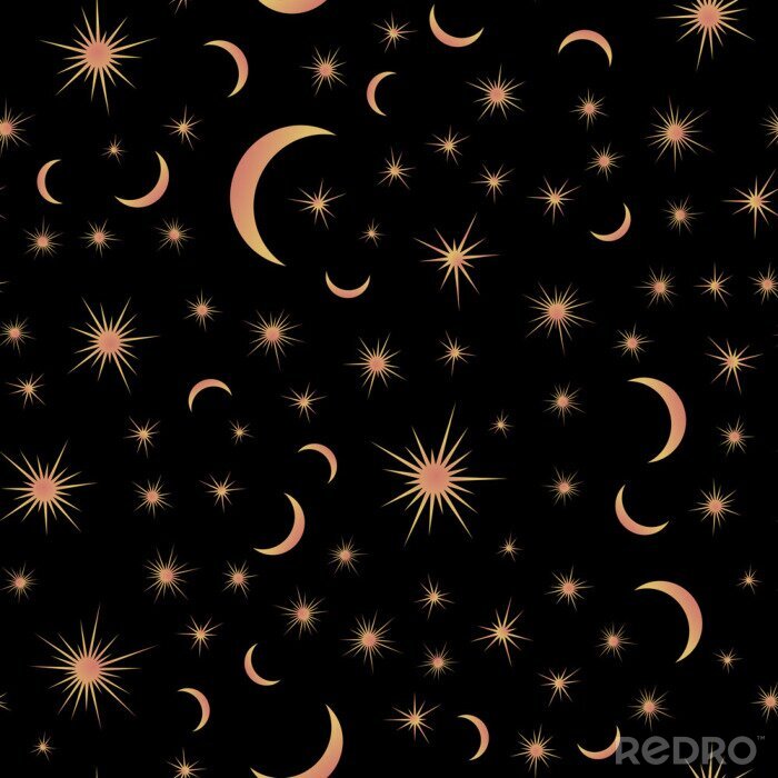 Behang Seamless pattern with suns, moons and stars. Vector gold and black illustration. Print could be used for textile, zodiac star yoga mat, underwear