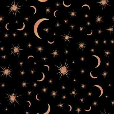 Behang Seamless pattern with suns, moons and stars. Vector gold and black illustration. Print could be used for textile, zodiac star yoga mat, underwear