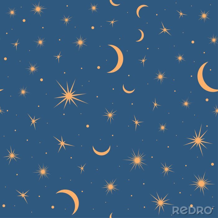 Behang Seamless pattern with suns, moons and stars. Vector gold and blue illustration. Print could be used for textile, zodiac star yoga mat, underwear