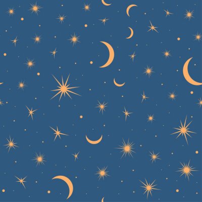 Behang Seamless pattern with suns, moons and stars. Vector gold and blue illustration. Print could be used for textile, zodiac star yoga mat, underwear