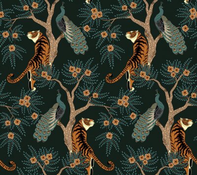 Behang Seamless pattern with tiger and peacock on tree with flowers in asian style