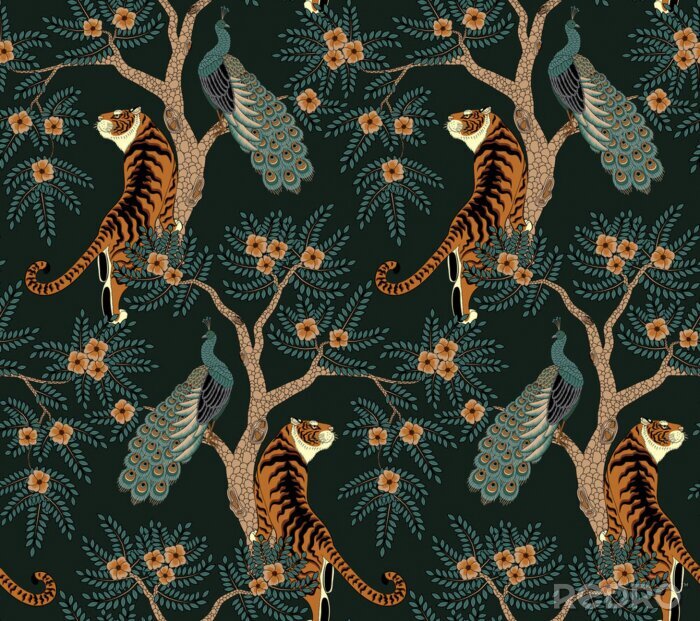 Behang Seamless pattern with tiger and peacock on tree with flowers in asian style