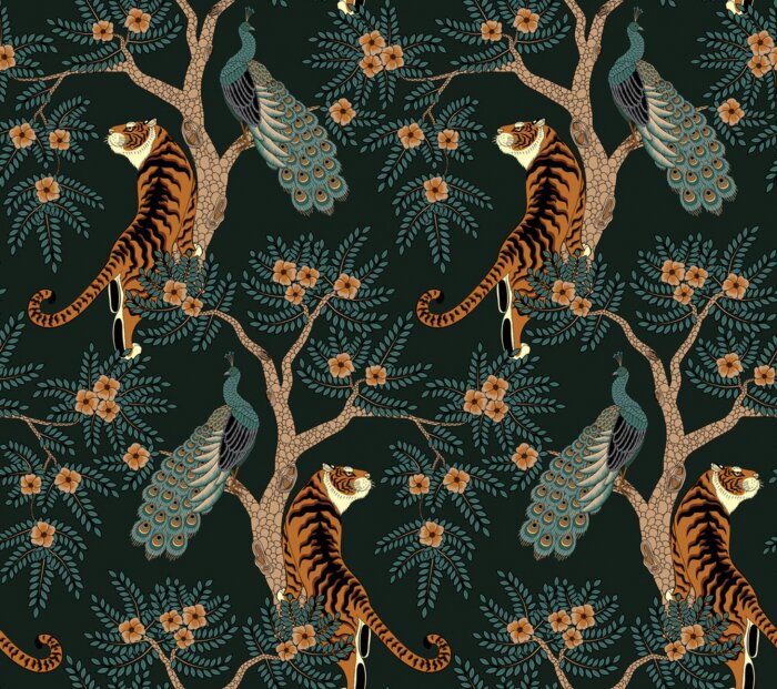 Behang Seamless pattern with tiger and peacock on tree with flowers in asian style