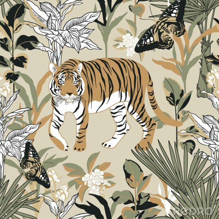 Behang Seamless pattern with tiger in the tropics. Background with jungle, tiger and butterfly for surface design.