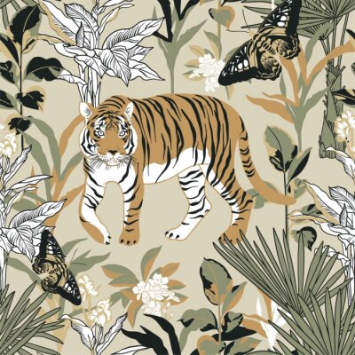 Behang Seamless pattern with tiger in the tropics. Background with jungle, tiger and butterfly for surface design.