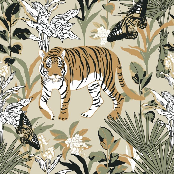 Behang Seamless pattern with tiger in the tropics. Background with jungle, tiger and butterfly for surface design.