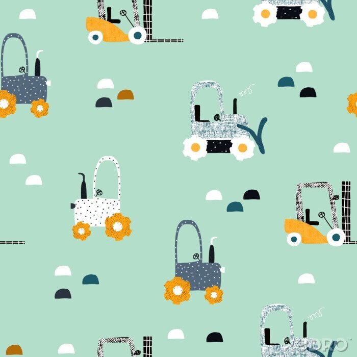 Behang Seamless pattern with tractor and bulldozer. Funny kids print. Vector hand drawn illustration.