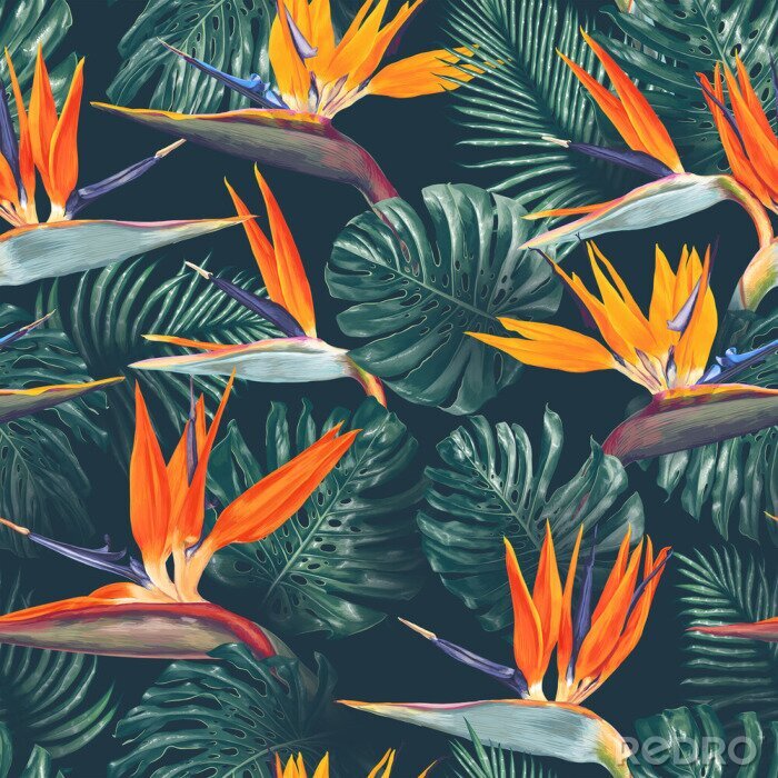 Behang Seamless pattern with tropical flowers and leaves. Strelitzia flowers, Monstera and Palm leaves. Realistic style, hand drawn, vector. Background for prints, fabric, wallpapers, poster, wrapping paper.