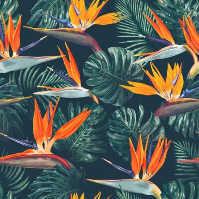 Behang Seamless pattern with tropical flowers and leaves. Strelitzia flowers, Monstera and Palm leaves. Realistic style, hand drawn, vector. Background for prints, fabric, wallpapers, poster, wrapping paper.