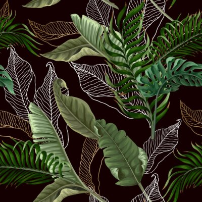 Behang Seamless pattern with tropical leaves on black background. Vector.