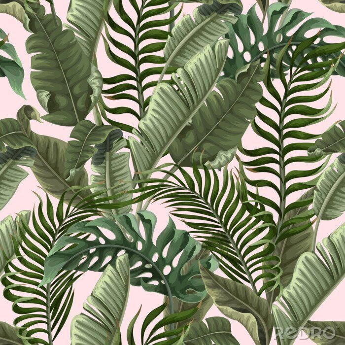 Behang Seamless pattern with tropical leaves on pink background. Vector.