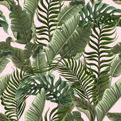 Behang Seamless pattern with tropical leaves on pink background. Vector.