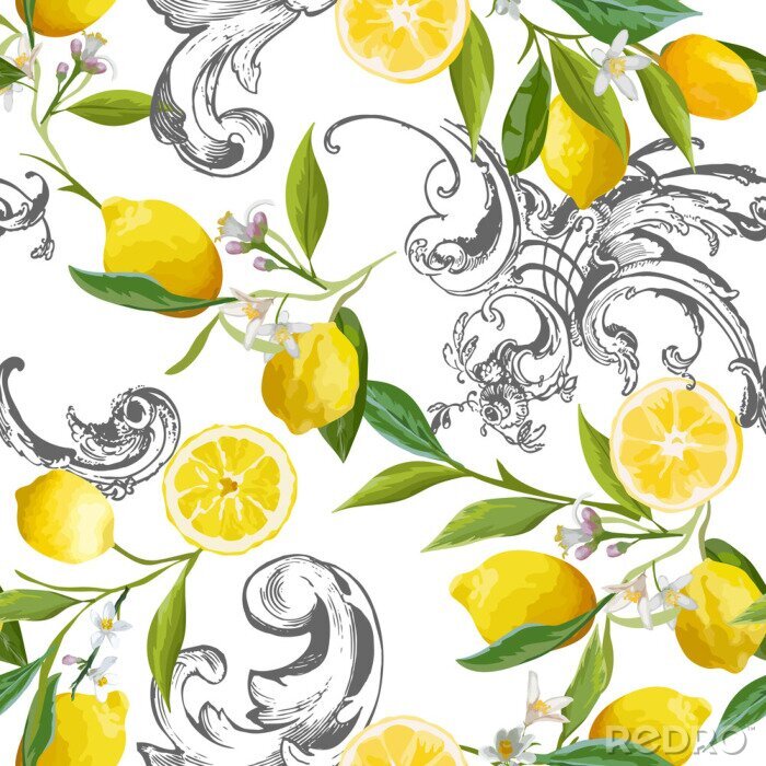 Behang Seamless Pattern with vintage barocco design with yellow Lemon Fruits, Floral Background with Flowers, Leaves, Lemons for Wallpaper, Fabric, Print. Vector illustration