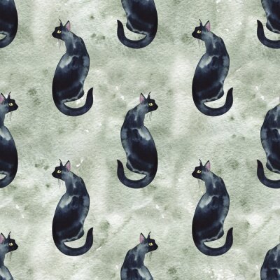 Behang Seamless pattern with watercolor silhouette of black cat with long tail.