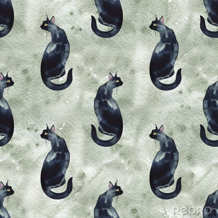 Behang Seamless pattern with watercolor silhouette of black cat with long tail.