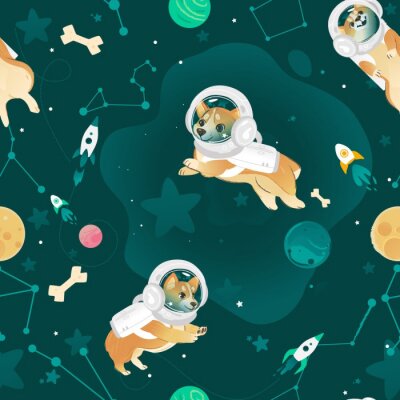 Behang Seamless pattern with Welsh Corgi dogs flying in open space cartoon style